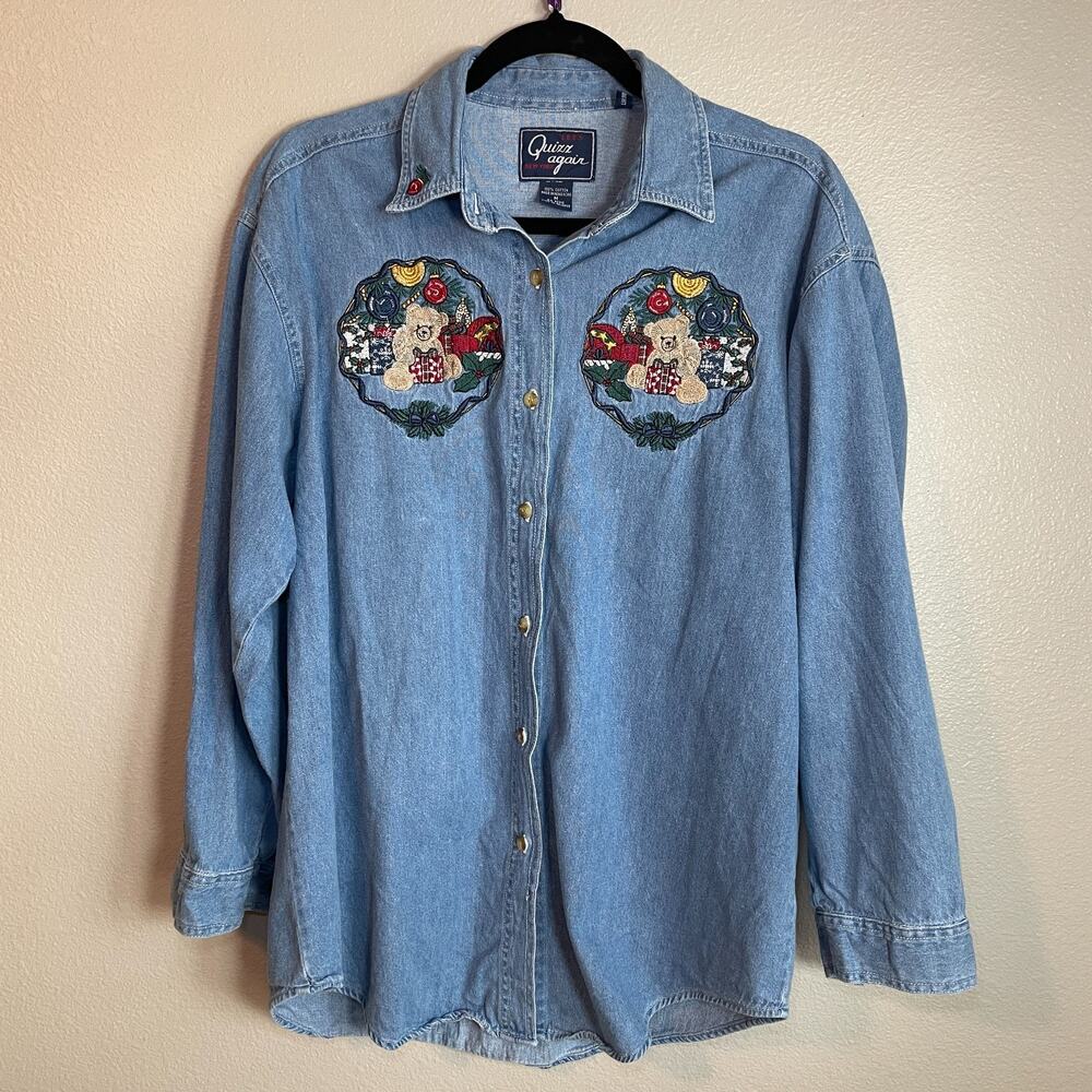 Lets Quizz Again Sz M Women Denim Bear Christmas Embroidered Long Sleeve Shirt
